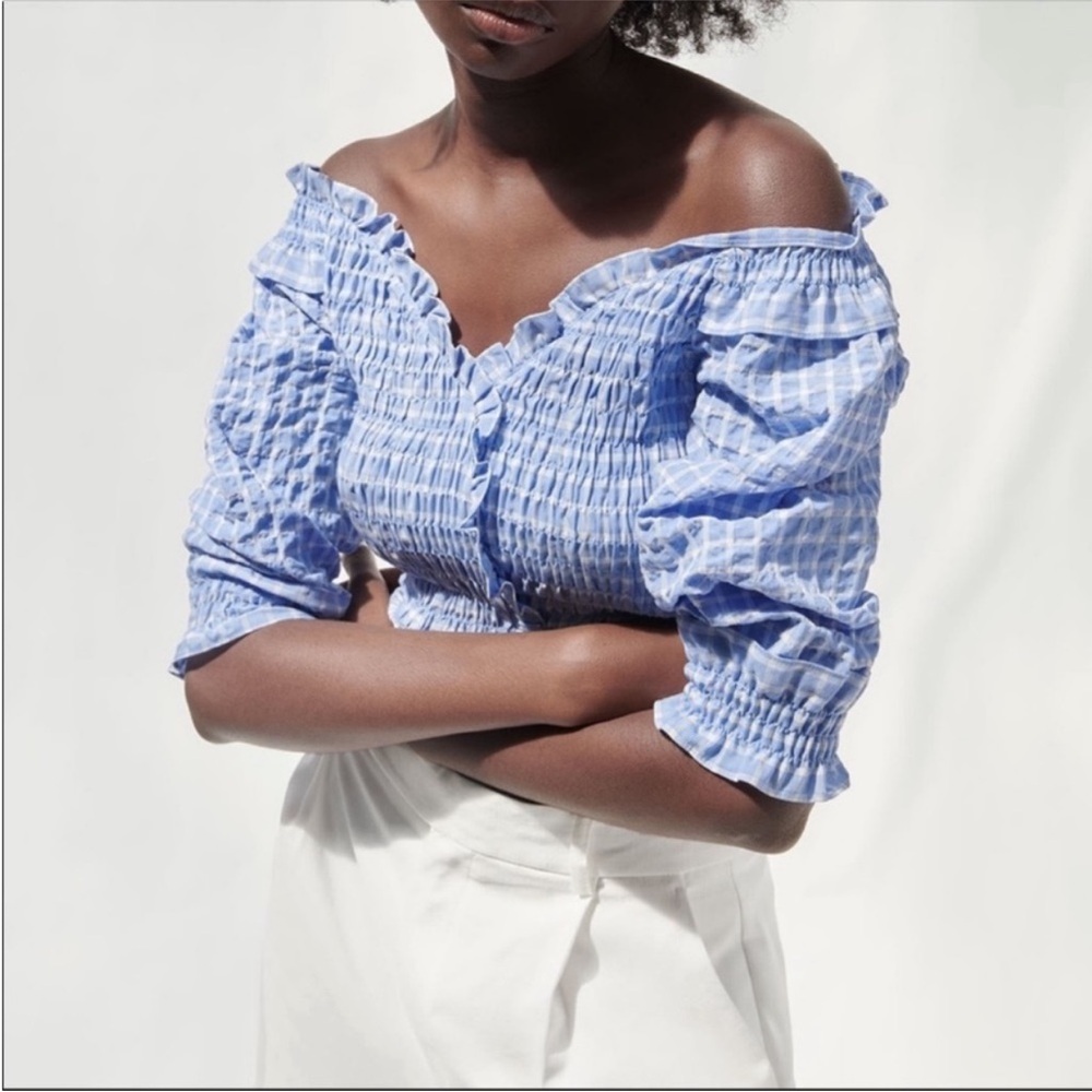 Zara Stretchy Gingham Off Shoulder Smock Top XL